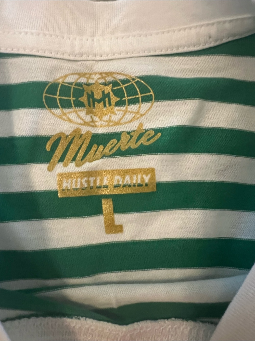 Hasta Meurte Green & White Striped Graphic Tee with Pablo Escobar “Hustle Daily - Picture 3 of 9